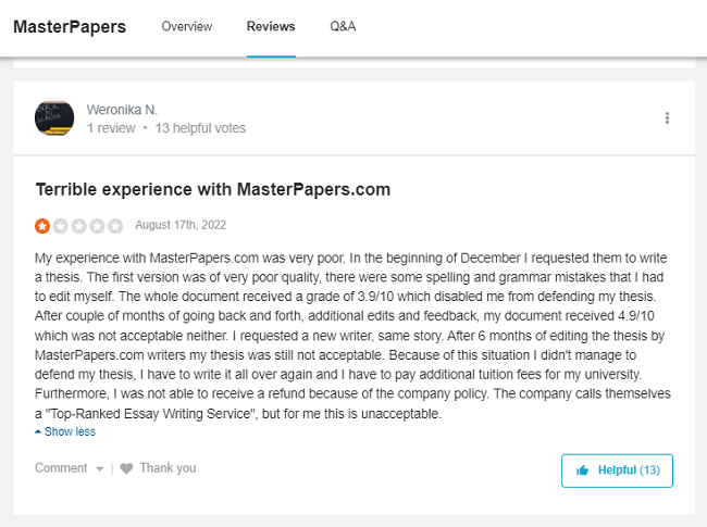 MasterPapers review on Sitejabber